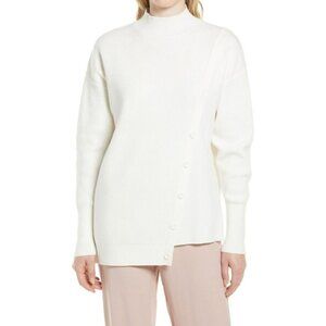 𝅺halogen BNWT sz Large womens Ivory ribbed sweater NEW mock neck button detail